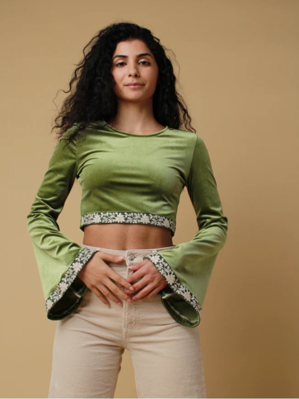 SOLEIL Cropped Bell-Sleeve Top with Embroidered Trim